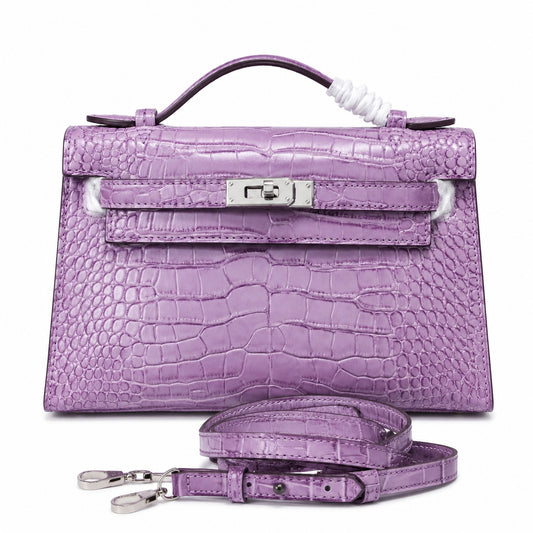 Kelly Pochette Lilac Shiny Niloticus Crocodile Leather Palladium Hardware Women Clutch Bag