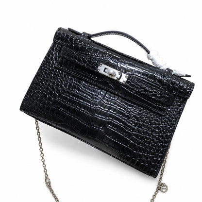 Kelly Pochette Noir Shiny Niloticus Crocodile Leather Palladium Hardware & Palladium Hardware Women Clutch Bag