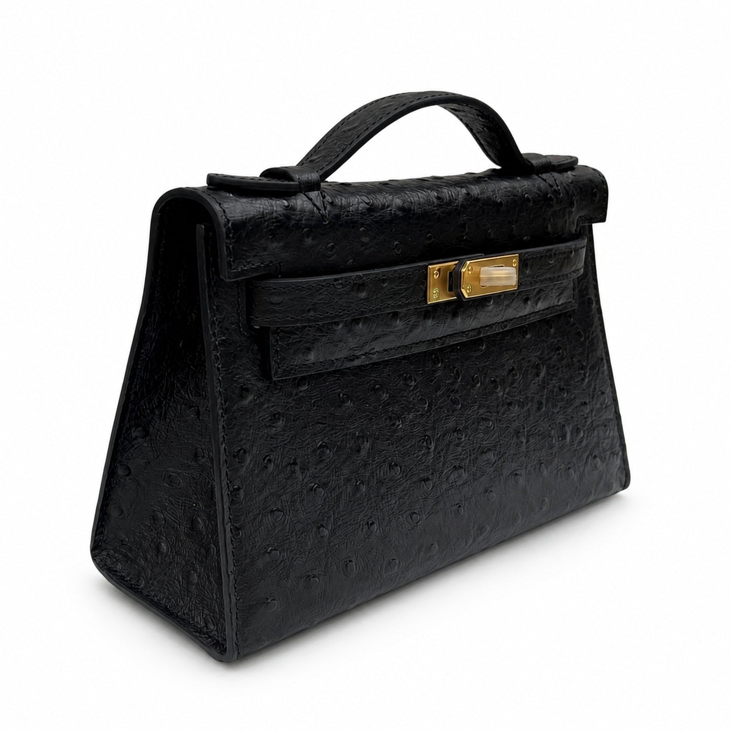 Mini Kelly Sellier 22cm Noir Ostrich Leather Gold Hardware Women Mini Handbag