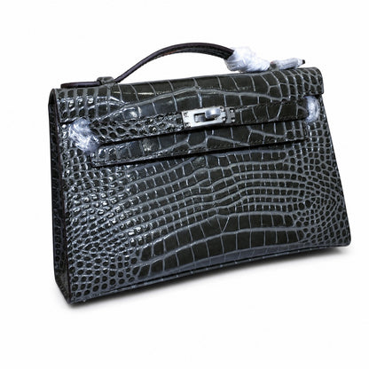 Kelly Pochette Gris Elephant Shiny Niloticus Crocodile Leather Palladium Hardware & Palladium Hardware Women Clutch Bag