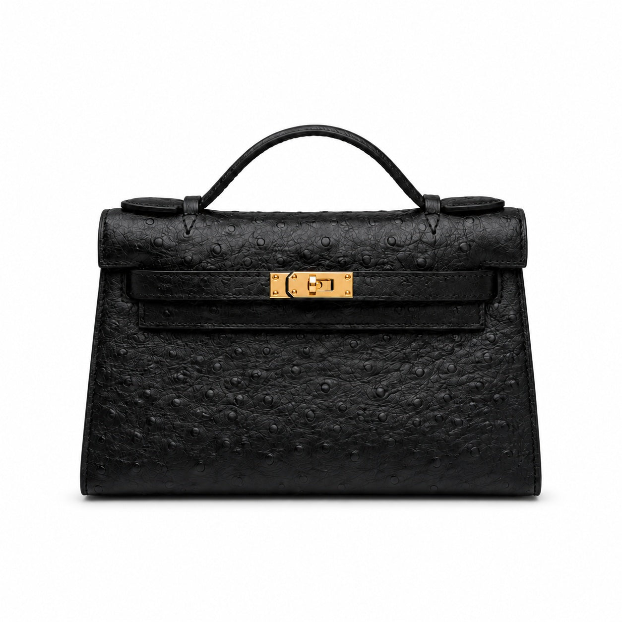Mini Kelly Sellier 22cm Noir Ostrich Leather Gold Hardware Women Mini Handbag