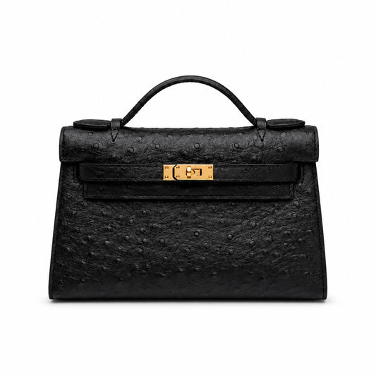 Mini Kelly Sellier 22cm Noir Ostrich Leather Gold Hardware Women Mini Handbag