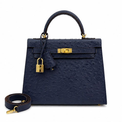 elly Sellier 25cm Bleu Nuit Ostrich Gold Hardware Luxury Commute Handbag