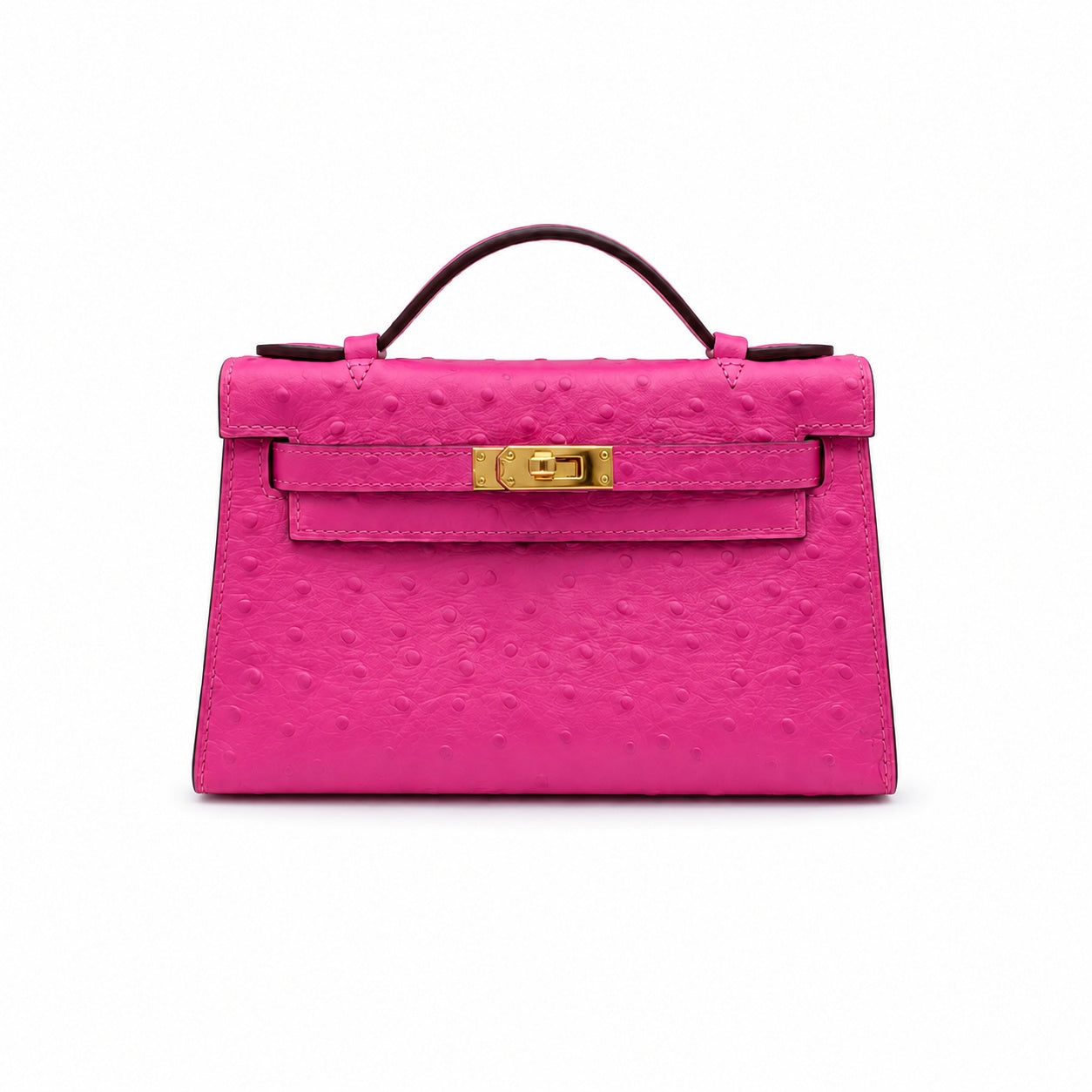 Mini Kelly Sellier 22cm Rose Tyrien Ostrich Leather Gold Hardware Women Mini Handbag