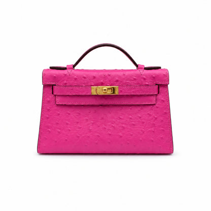 Mini Kelly Sellier 22cm Rose Tyrien Ostrich Leather Gold Hardware Women Mini Handbag