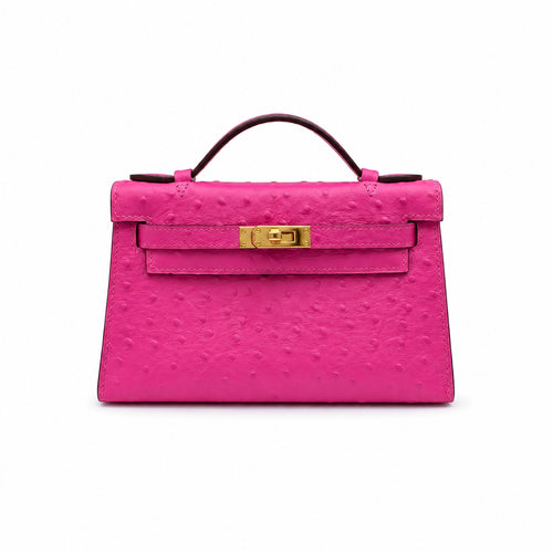 Mini Kelly Sellier 22cm Rose Tyrien Ostrich Leather Gold Hardware Women Mini Handbag