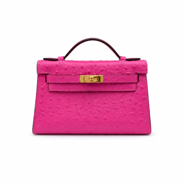 Mini Kelly Sellier 22cm Rose Tyrien Ostrich Leather Gold Hardware Women Mini Handbag