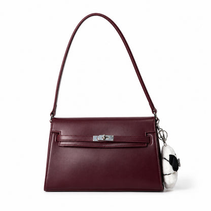 Kelly Elan 25 Underarm Baguette Bag, Genuine Top Layer Cowhide Goat Grain Leather, SilverHardware Vintage Wine Red Shoulder Handbag, Elegant Luxury Quiet Glam Daily Purse Size 25×6.5×15cm