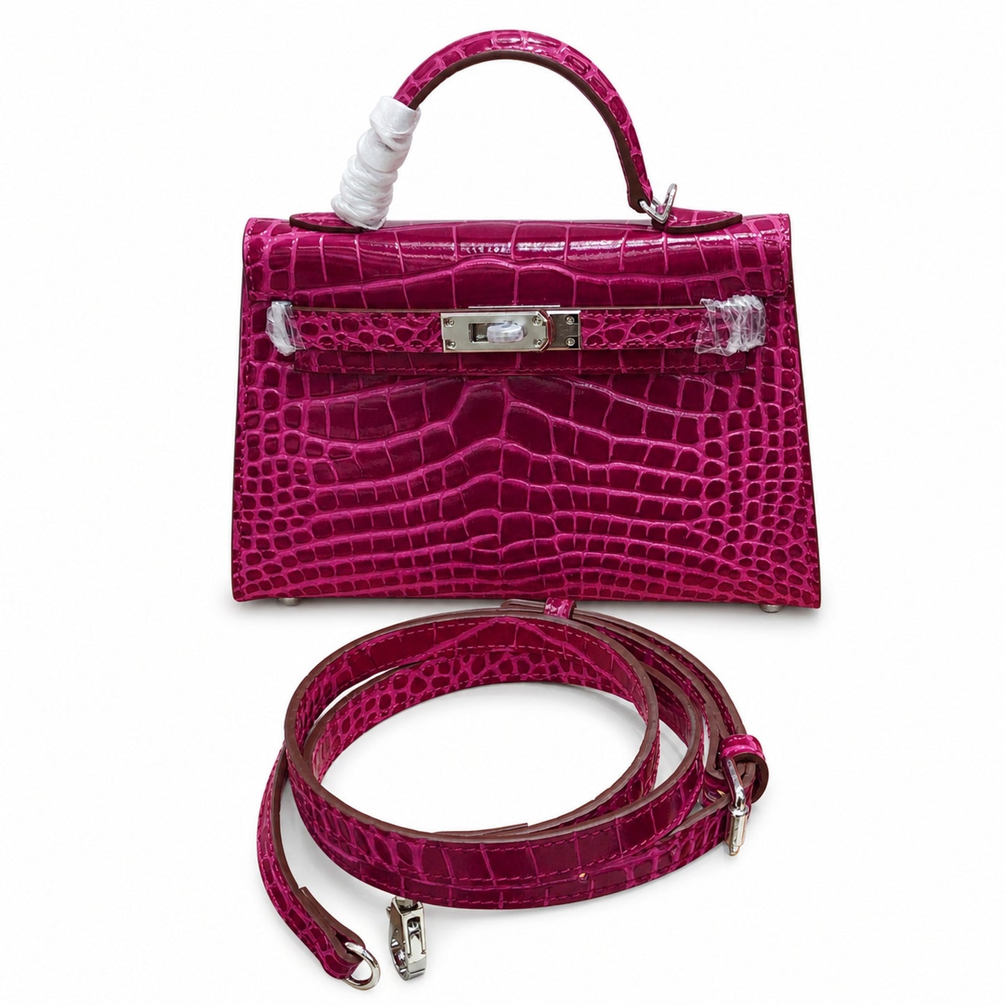 Kelly Sellier 19cm Fuchsia Shiny Crocodile Leather Gold Hardware & Palladium Hardware Women Handbag