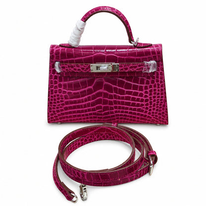 Kelly Sellier 19cm Fuchsia Shiny Crocodile Leather Gold Hardware & Palladium Hardware Women Handbag