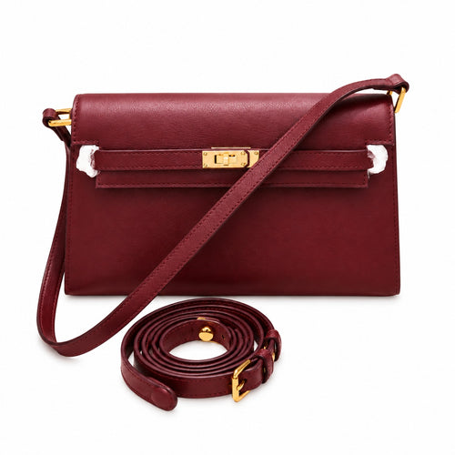 Kelly Elan 25 Underarm Baguette Bag, Genuine Top Layer Cowhide Goat Grain Leather, Gold Hardware Vintage Wine Red Shoulder Handbag, Elegant Luxury Quiet Glam Daily Purse Size 25×6.5×15cm