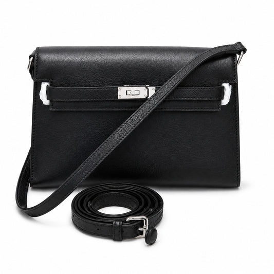 Kelly Elan 25 Underarm Baguette Bag, Genuine Top Layer Cowhide Goat Grain Leather, Silver Hardware Black Unisex Shoulder Purse, Multiway Crossbody Handheld Daily Bag, High Practical Daily Bag Size 25×6.5×15cm