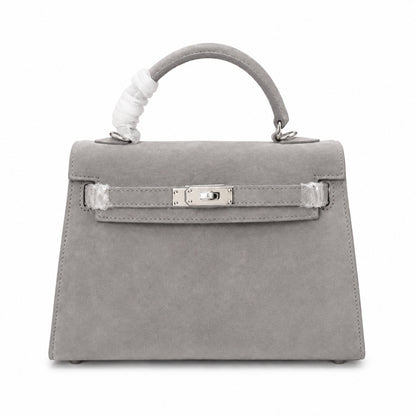 Kelly Sellier 22cm Gris Asphalte Suede Leather Palladium Hardware Women Handbag
