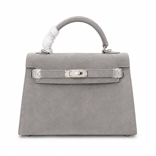 Kelly Sellier 22cm Gris Asphalte Suede Leather Palladium Hardware Women Handbag