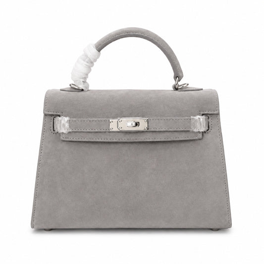 Kelly Sellier 22cm Gris Asphalte Suede Leather Palladium Hardware Women Handbag