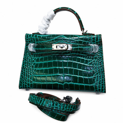 Kelly Sellier 19cm Vert Emeraude Shiny Crocodile Leather Gold Hardware & Palladium Hardware Women Handbag