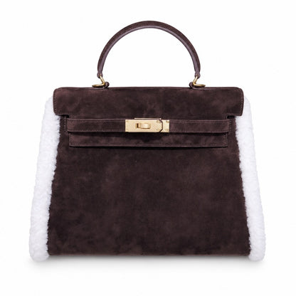 Kelly Sellier 28cm Ebene Suede Leather Gold Hardware Commute Shoulder Handbag