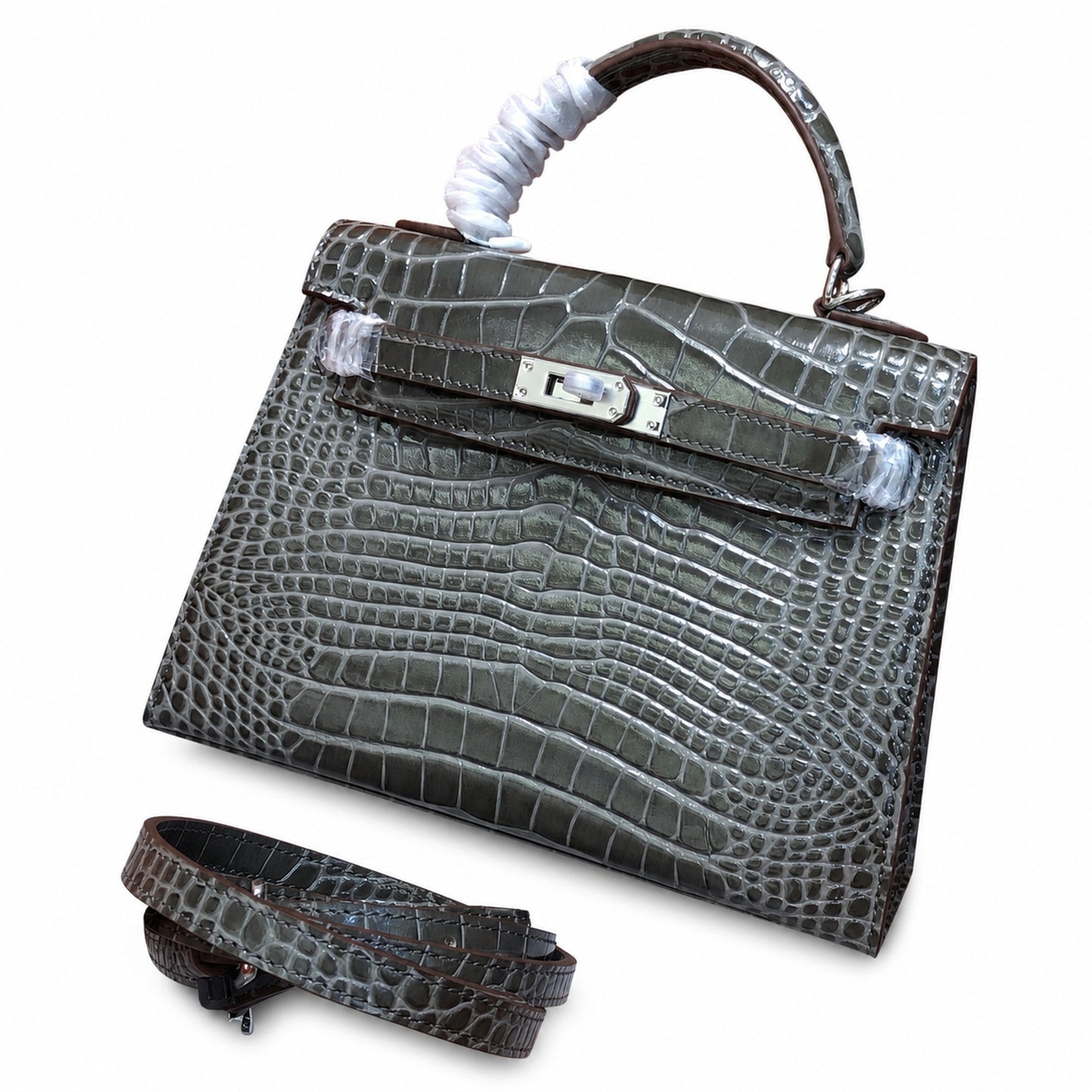Kelly Sellier 22 Étoupe Shiny Alligator Silver Hardware
