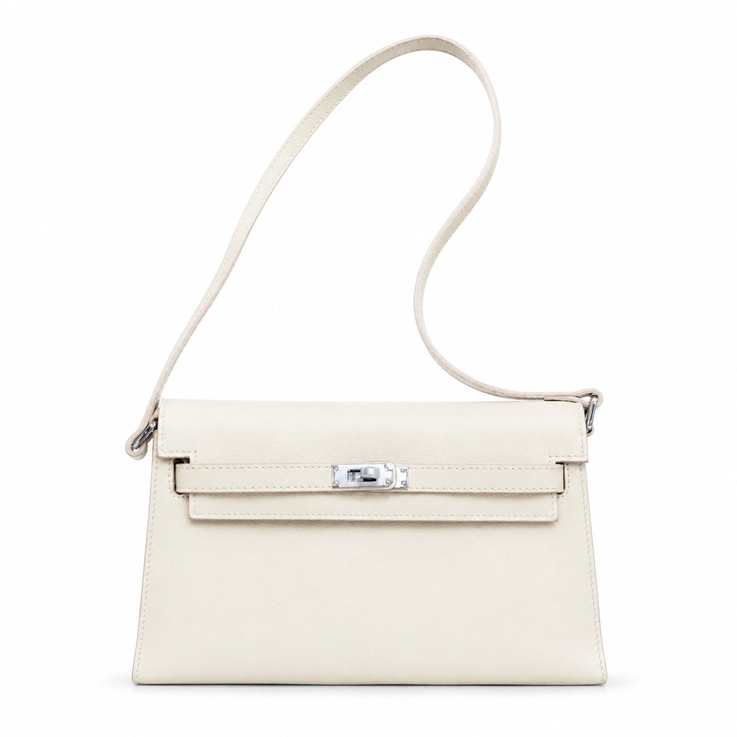 Kelly Elan 25 Underarm Baguette Bag, Genuine Top Layer Cowhide Goat Grain Leather, Silver Hardware Off White Shoulder Handbag, Youthful Elegant Goddess Daily Purse Size 25×6.5×15cm