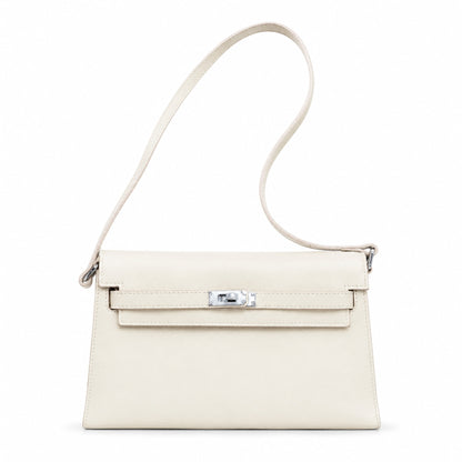Kelly Elan 25 Underarm Baguette Bag, Genuine Top Layer Cowhide Goat Grain Leather, Silver Hardware Off White Shoulder Handbag, Youthful Elegant Goddess Daily Purse Size 25×6.5×15cm