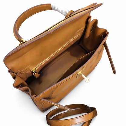 Kelly Sellier Ghillies 28cm Natural Sable Barenia Leather Gold Hardware Women Handbag