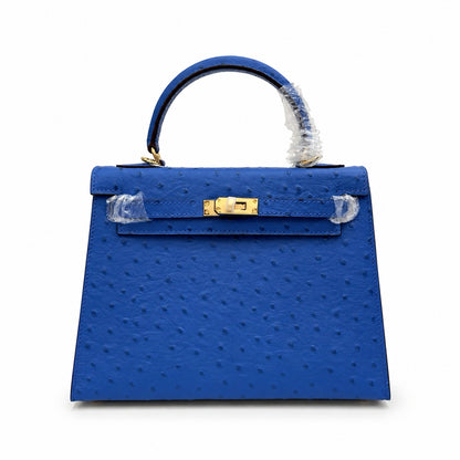 Kelly Sellier 25cm Bleu Electrique Ostrich Gold Hardware Premium Crossbody Purse