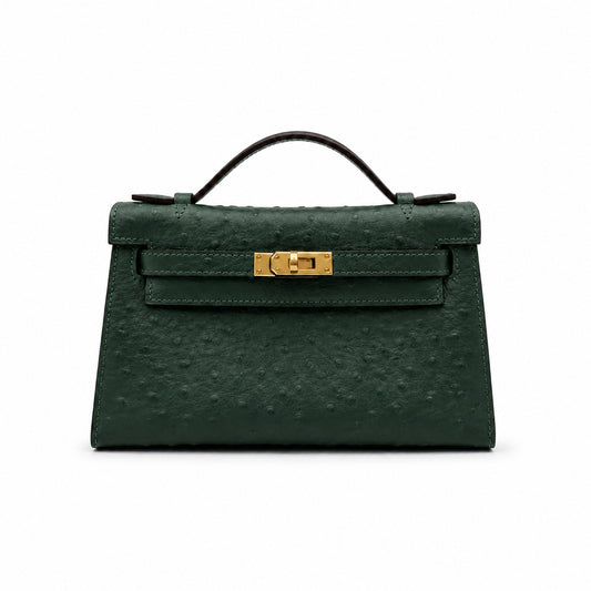 Mini Kelly II Sellier 19cm & 22cm Vert Fonce Ostrich Leather Gold Hardware Women Mini Handbag