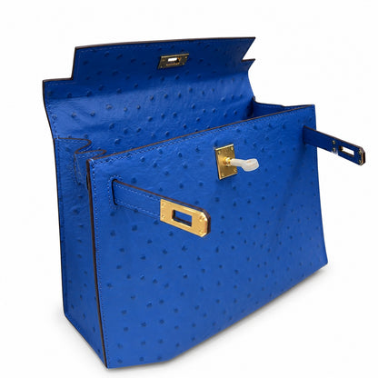 Kelly Sellier 25cm Bleu Electrique Ostrich Gold Hardware Premium Crossbody Purse