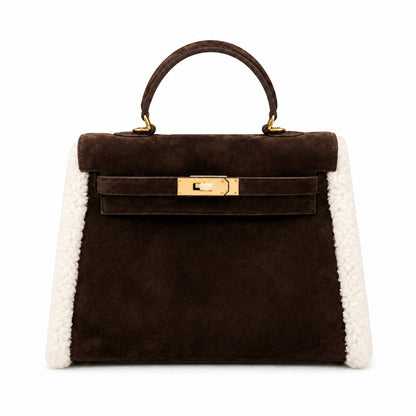 Kelly Sellier 28cm Ebene Suede Leather Gold Hardware Commute Shoulder Handbag