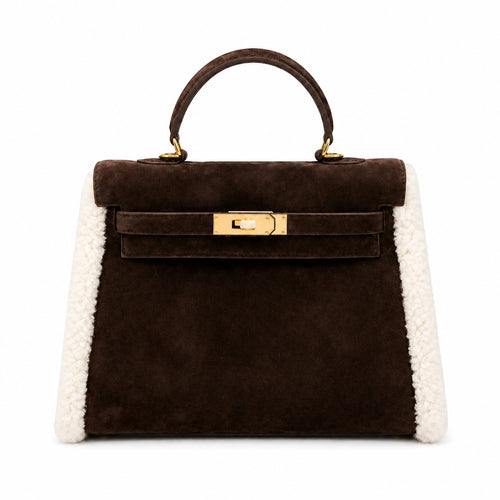 Kelly Sellier 28cm Ebene Suede Leather Gold Hardware Commute Shoulder Handbag