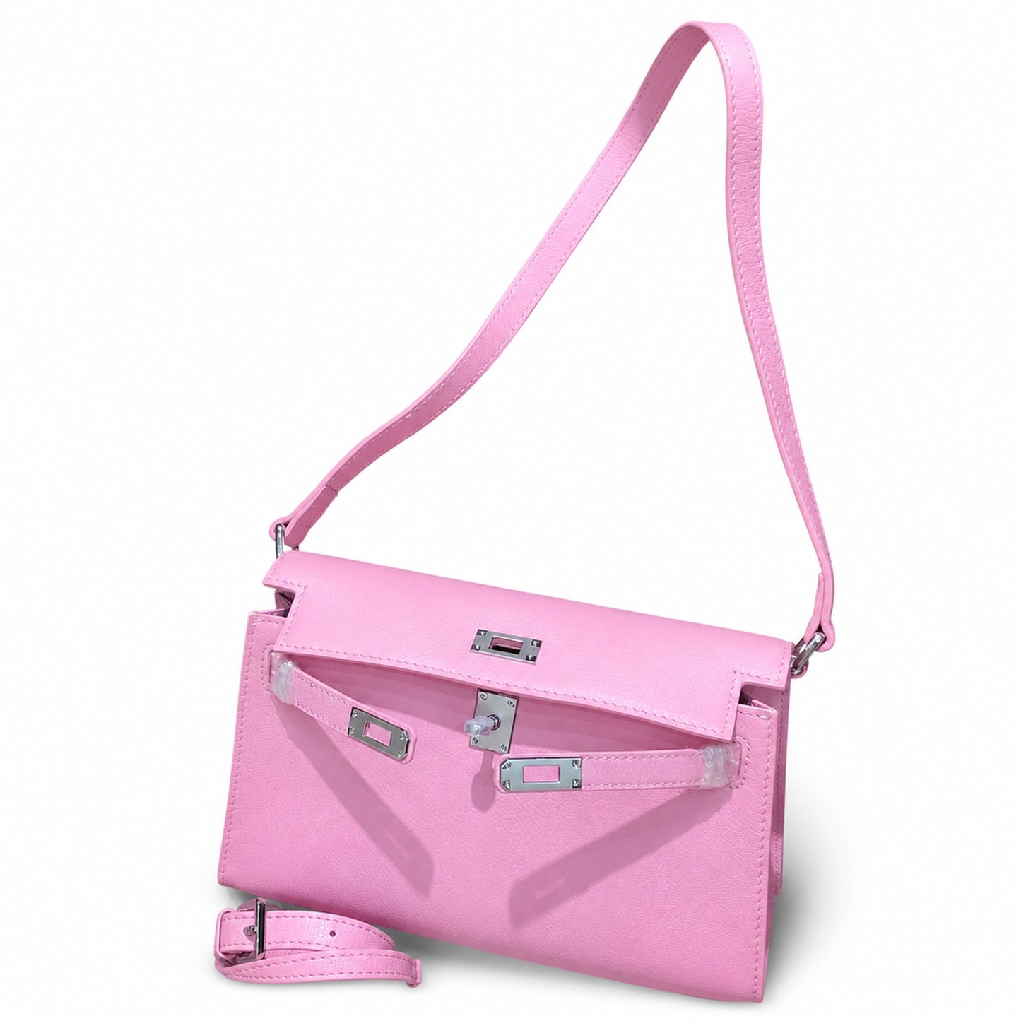 Kelly Elan 25 Underarm Baguette Bag, Genuine Top Layer Cowhide Goat Grain Leather, Silver Hardware Mauve Iris Purple Shoulder Handbag, Bright Soft Tone Youthful Elegant Daily Purse Size 25×6.5×15cm