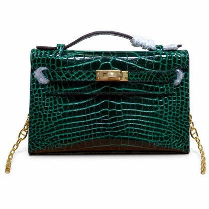 Kelly Pochette Vert Emeraude Shiny Niloticus Crocodile Leather Gold Hardware Women Clutch Bag