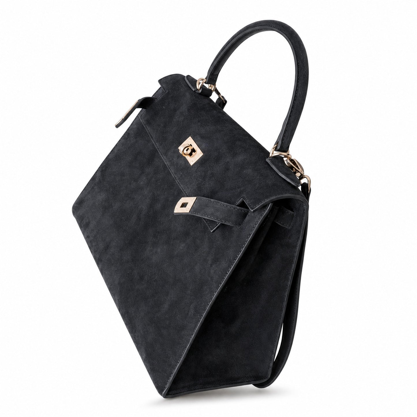 Kelly Sellier 22cm Noir Suede Leather Gold Hardware Women Mini Handbag