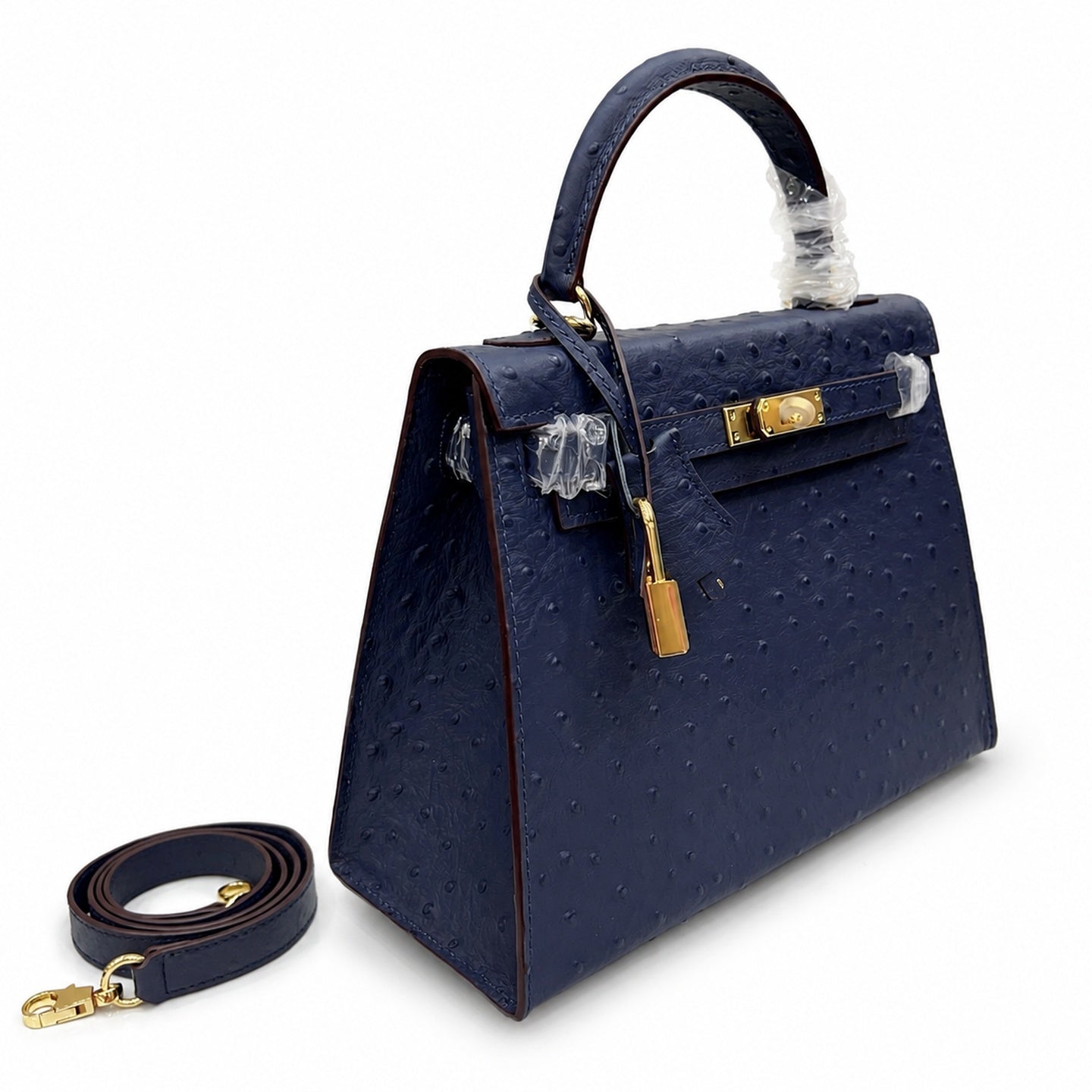 elly Sellier 25cm Bleu Nuit Ostrich Gold Hardware Luxury Commute Handbag