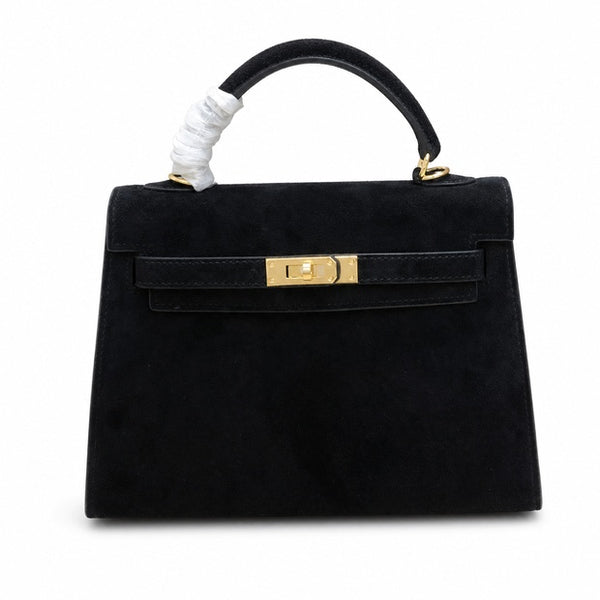 Kelly Sellier 22cm Noir Suede Leather Gold Hardware Women Mini Handbag
