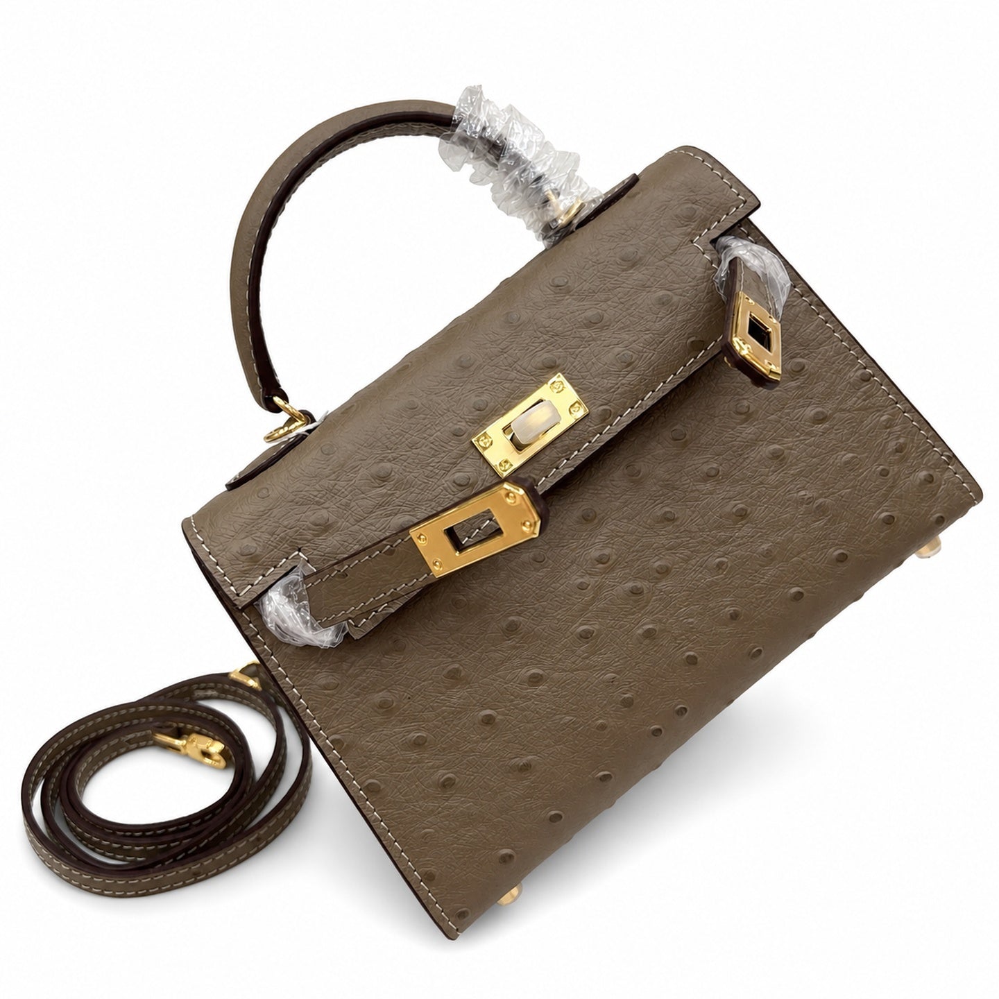 Mini Kelly II 19cm Sellier Etoupe Ostrich Gold Hardware Designer Mini Shoulder Purse