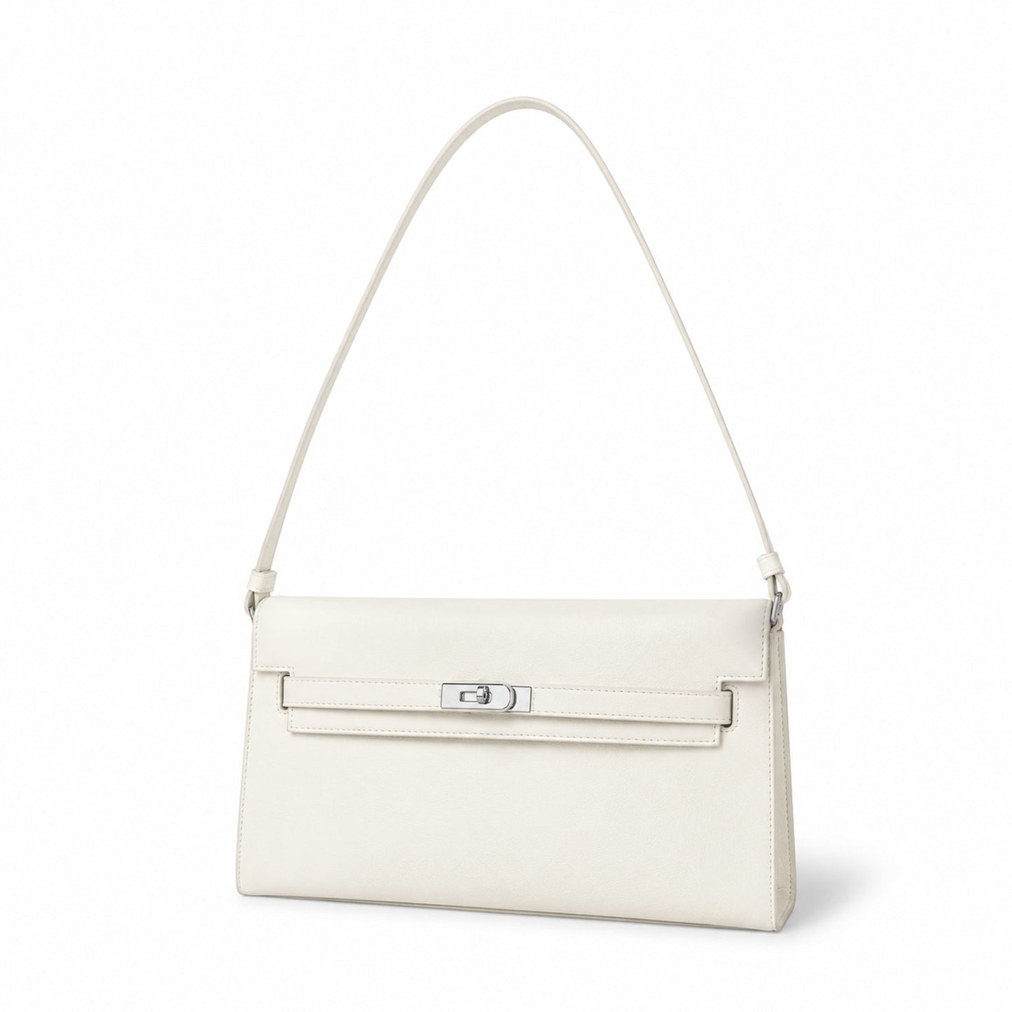 Kelly Elan 25 Underarm Baguette Bag, Genuine Top Layer Cowhide Goat Grain Leather, Silver Hardware Off White Shoulder Handbag, Youthful Elegant Goddess Daily Purse Size 25×6.5×15cm