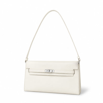 Kelly Elan 25 Underarm Baguette Bag, Genuine Top Layer Cowhide Goat Grain Leather, Silver Hardware Off White Shoulder Handbag, Youthful Elegant Goddess Daily Purse Size 25×6.5×15cm