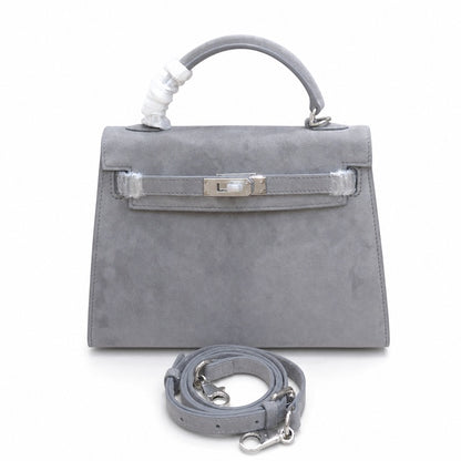 Kelly Sellier 22cm Gris Asphalte Suede Leather Palladium Hardware Women Handbag