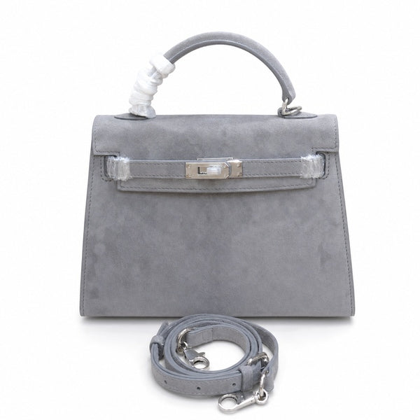 Kelly Sellier 22cm Gris Asphalte Suede Leather Palladium Hardware Women Handbag