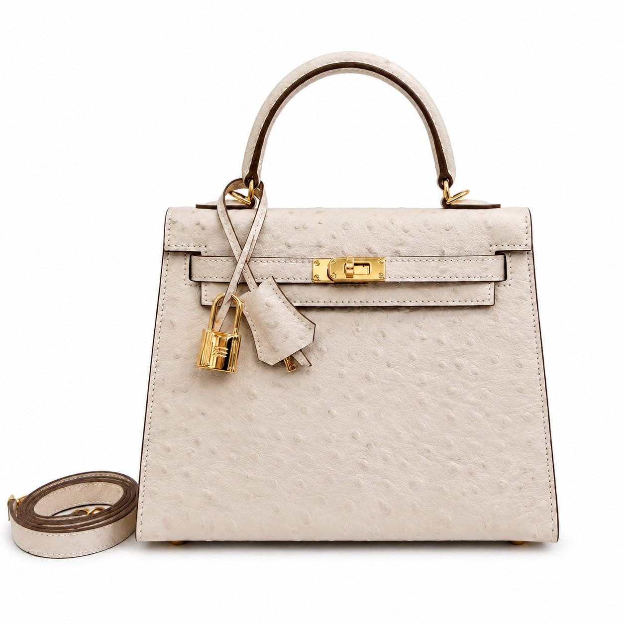 Kelly Sellier 25cm Craie Ostrich Gold Hardware Premium Women Shoulder Purse