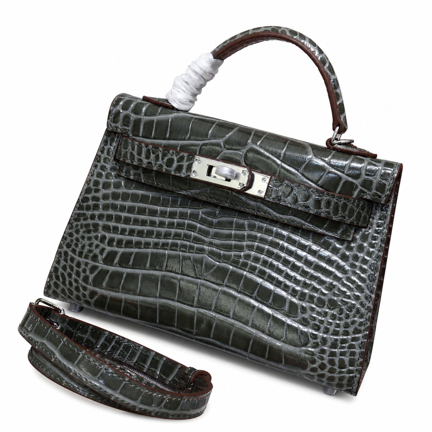 Kelly Sellier 19cm Gris Elephant Shiny Crocodile Leather Gold Hardware & Palladium Hardware Women Handbag