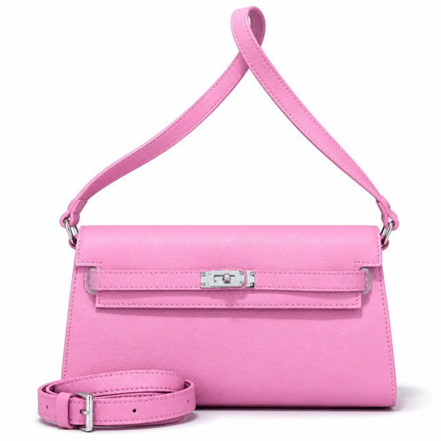 Kelly Elan 25 Underarm Baguette Bag, Genuine Top Layer Cowhide Goat Grain Leather, Silver Hardware Mauve Iris Purple Shoulder Handbag, Bright Soft Tone Youthful Elegant Daily Purse Size 25×6.5×15cm