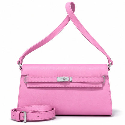 Kelly Elan 25 Underarm Baguette Bag, Genuine Top Layer Cowhide Goat Grain Leather, Silver Hardware Mauve Iris Purple Shoulder Handbag, Bright Soft Tone Youthful Elegant Daily Purse Size 25×6.5×15cm