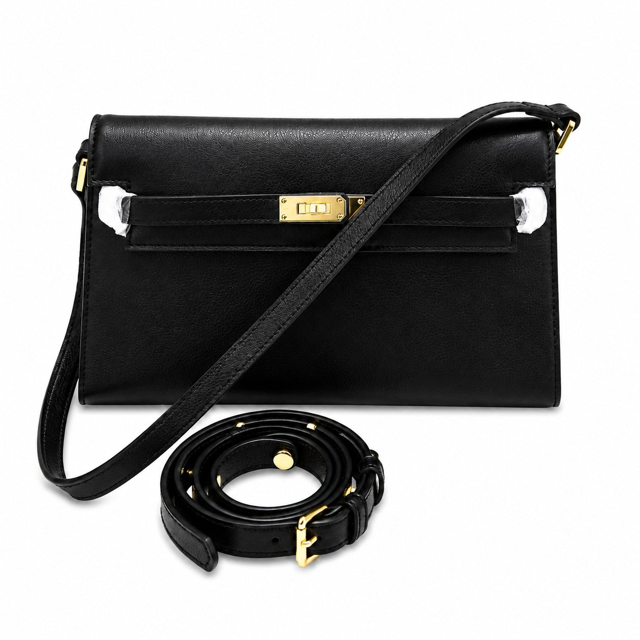 Kelly Elan 25 Underarm Baguette Bag, Genuine Top Layer Cowhide with Glossy Goat Grain, Gold Hardware Black Shoulder Handbag, Spacious Capacity Casual Versatile Daily Purse Size 25×6.5×15cm