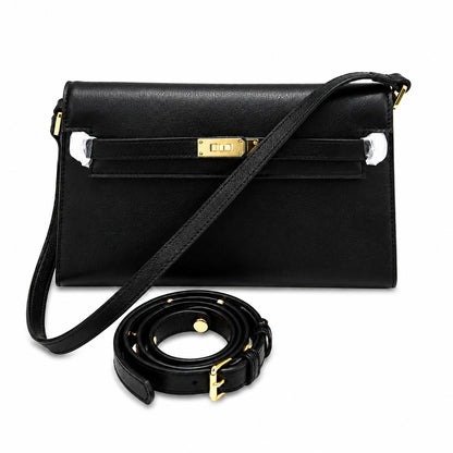 Kelly Elan 25 Underarm Baguette Bag, Genuine Top Layer Cowhide with Glossy Goat Grain, Gold Hardware Black Shoulder Handbag, Spacious Capacity Casual Versatile Daily Purse Size 25×6.5×15cm