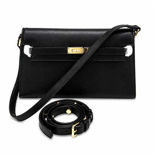 Kelly Elan 25 Underarm Baguette Bag, Genuine Top Layer Cowhide with Glossy Goat Grain, Gold Hardware Black Shoulder Handbag, Spacious Capacity Casual Versatile Daily Purse Size 25×6.5×15cm