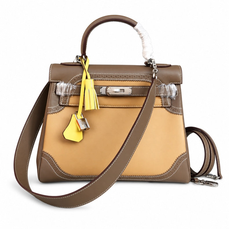 Kelly Sellier Ghillies 28cm Beige Poussière & Marron Foncé Barenia Leather Palladium Hardware Women Handbag