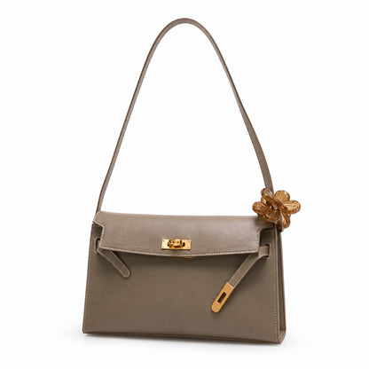 Kelly Elan 25 Genuine Goat Grain Top Layer Cowhide Shoulder Bag, Gold Hardware Neutral Khaki Faux Kelly Baguette Underarm Bag, 25×6.5×15cm Elegant Commute Handbag for Women All Season Match