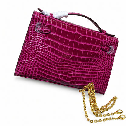Kelly Pochette Fuchsia Shiny Niloticus Crocodile Leather Gold Hardware Women Clutch Bag